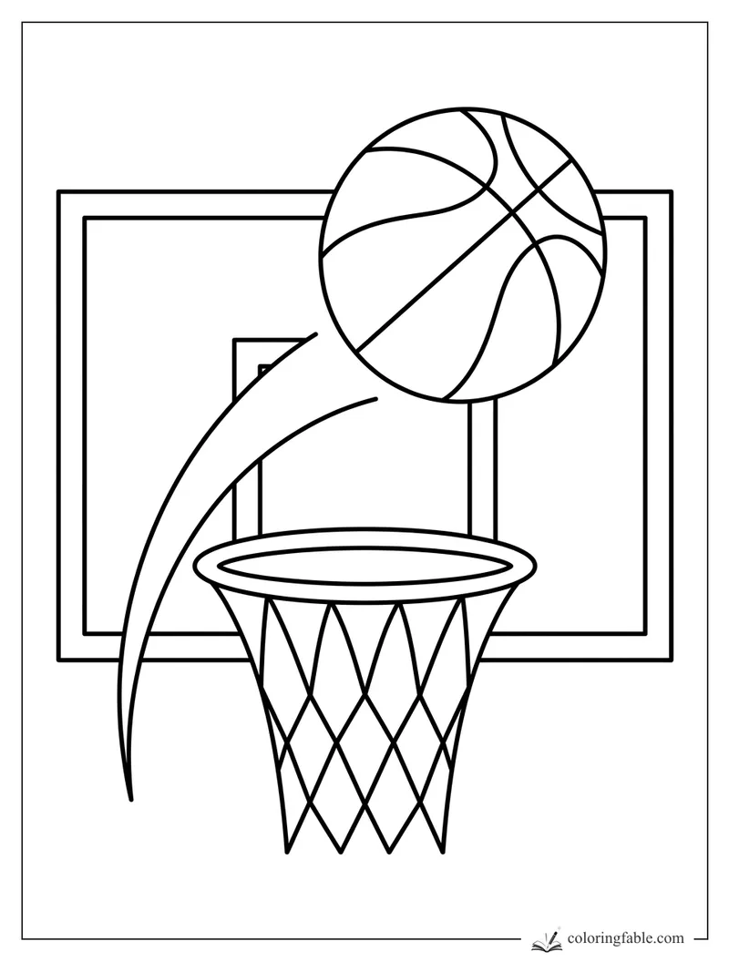 Minimalist basketball coloring page with a ball arcing over the rim, net, and backboard.