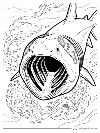 Basking shark with wide open mouth swimming through swirling currents and tiny fish