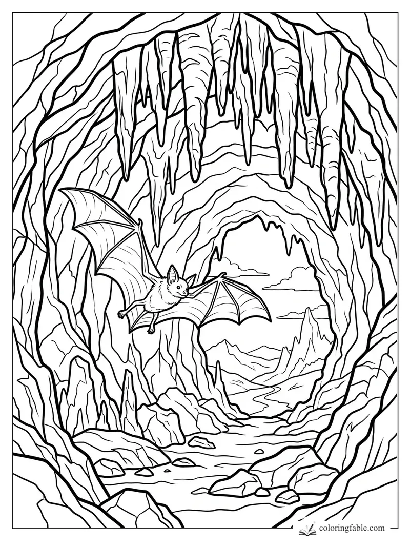Bat flying through a rocky cave with hanging stalactites, distant mountains, clouds, and a winding stream
