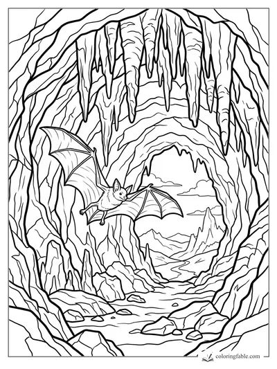 Bat flying through a rocky cave with hanging stalactites, distant mountains, clouds, and a winding stream