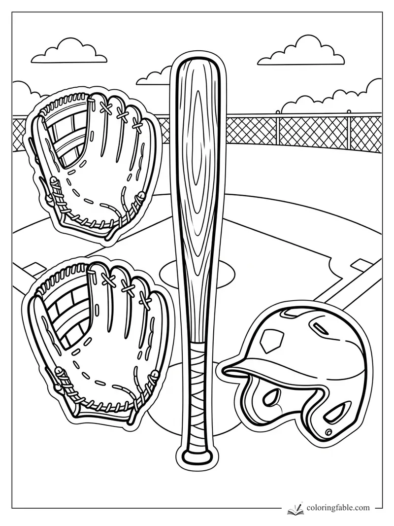 Baseball sticker coloring page with a bat, helmet, two gloves, fence, clouds, and field lines.