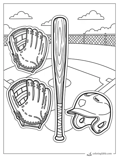 Baseball sticker coloring page with a bat, helmet, two gloves, fence, clouds, and field lines.