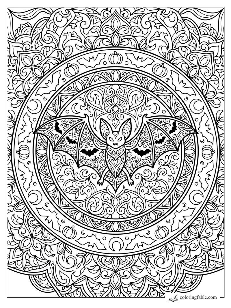 Intricate Halloween mandala with a central bat, pumpkins, crescent moons, leaves, and swirling vines.