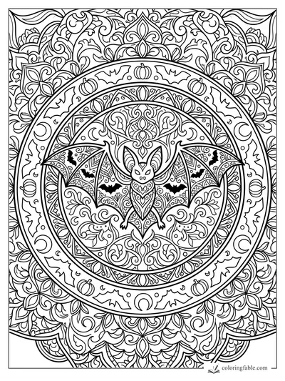 Intricate Halloween mandala with a central bat, pumpkins, crescent moons, leaves, and swirling vines.
