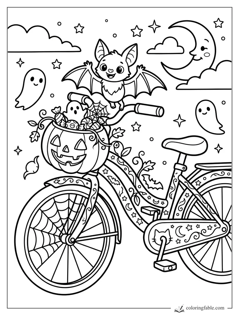 Cartoon Halloween bicycle with pumpkin basket, smiling bat, ghosts, crescent moon, stars, and spiderweb wheels.