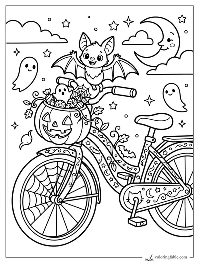Cartoon Halloween bicycle with pumpkin basket, smiling bat, ghosts, crescent moon, stars, and spiderweb wheels.