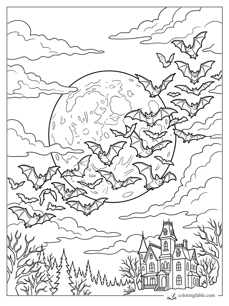 Many smiling bats fly past a full moon, clouds, bare trees, and a tall spooky manor.