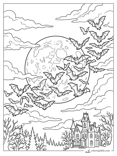 Many smiling bats fly past a full moon, clouds, bare trees, and a tall spooky manor.