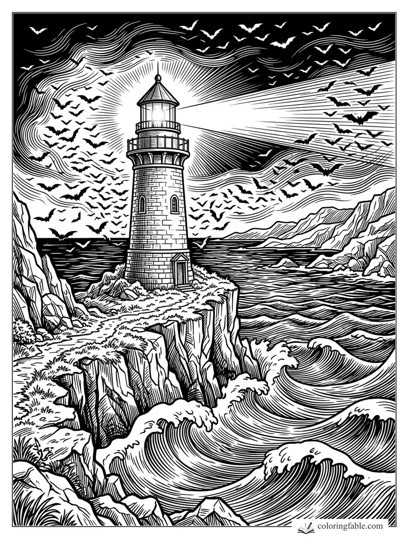 Intricate engraving of a lighthouse beam over crashing waves, cliffs, and swarms of bats on Halloween night