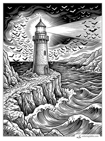 Intricate engraving of a lighthouse beam over crashing waves, cliffs, and swarms of bats on Halloween night