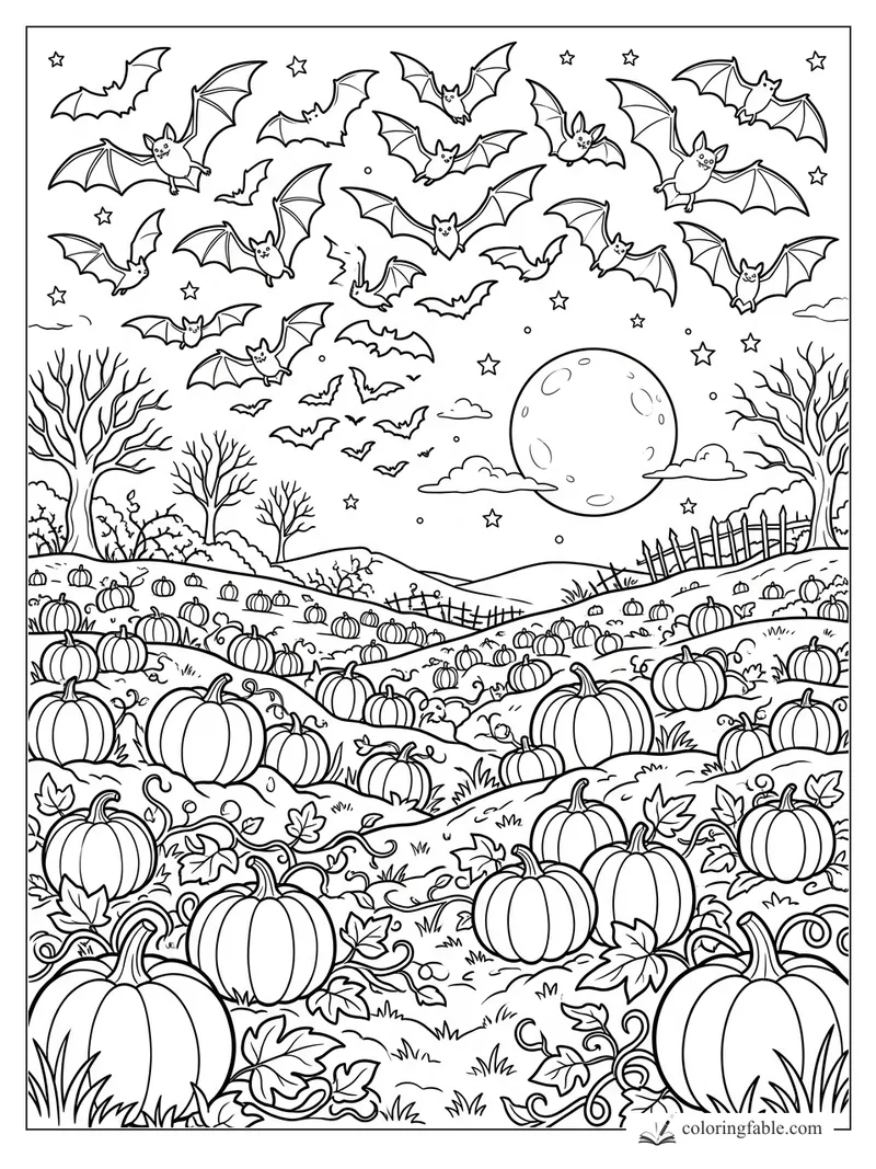 Many smiling bats fly above a moonlit pumpkin field with bare trees, stars, fences, and rolling hills.