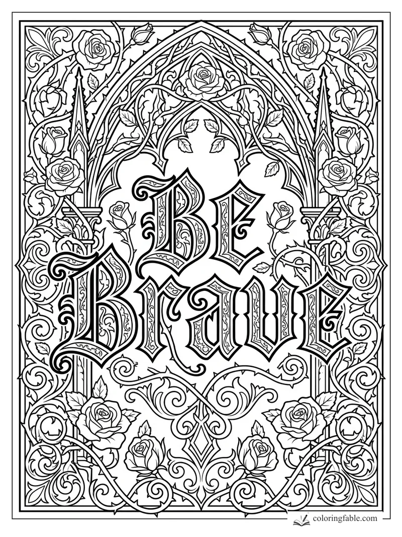 Intricate gothic “Be Brave” lettering framed by roses, arches, vines, and spires