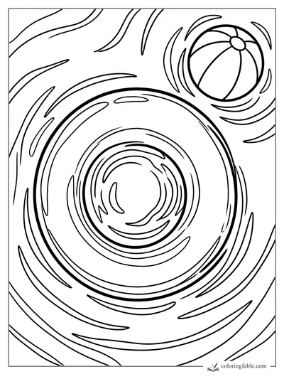 Cartoon beach ball floating beside swirling pool ripples for a summer coloring page