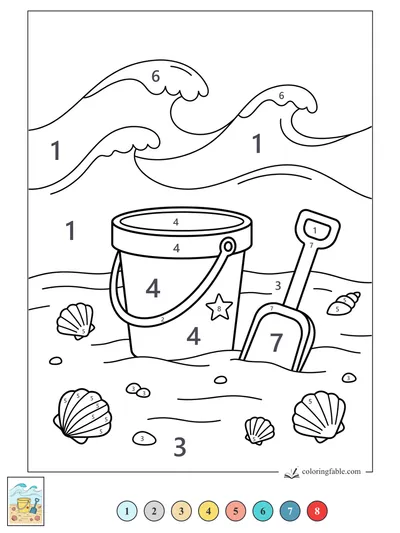 Beach Bucket and Shovel in July Waves — color by number