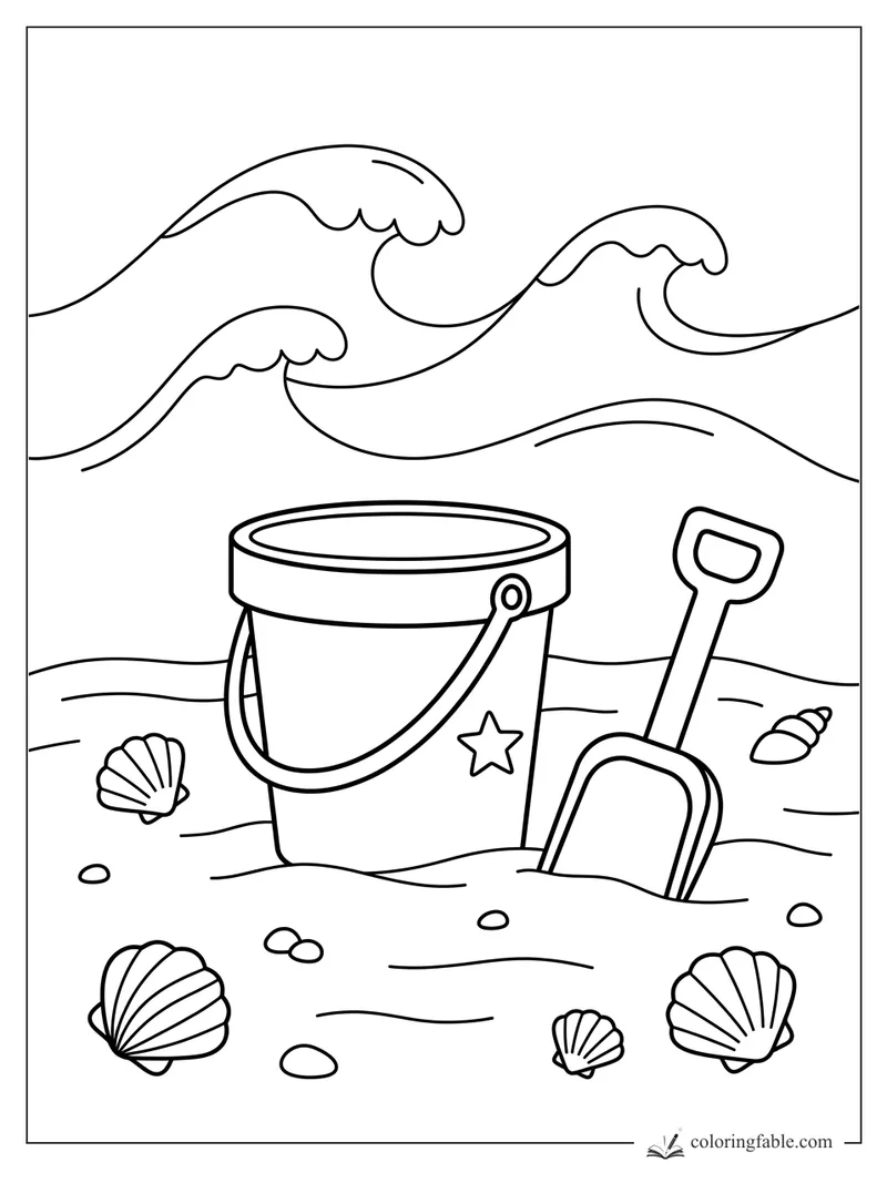 Minimalist beach bucket, shovel, seashells, and rolling ocean waves coloring page for July.