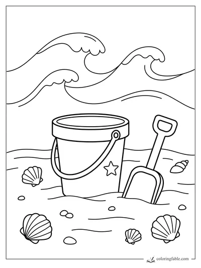 Minimalist beach bucket, shovel, seashells, and rolling ocean waves coloring page for July.