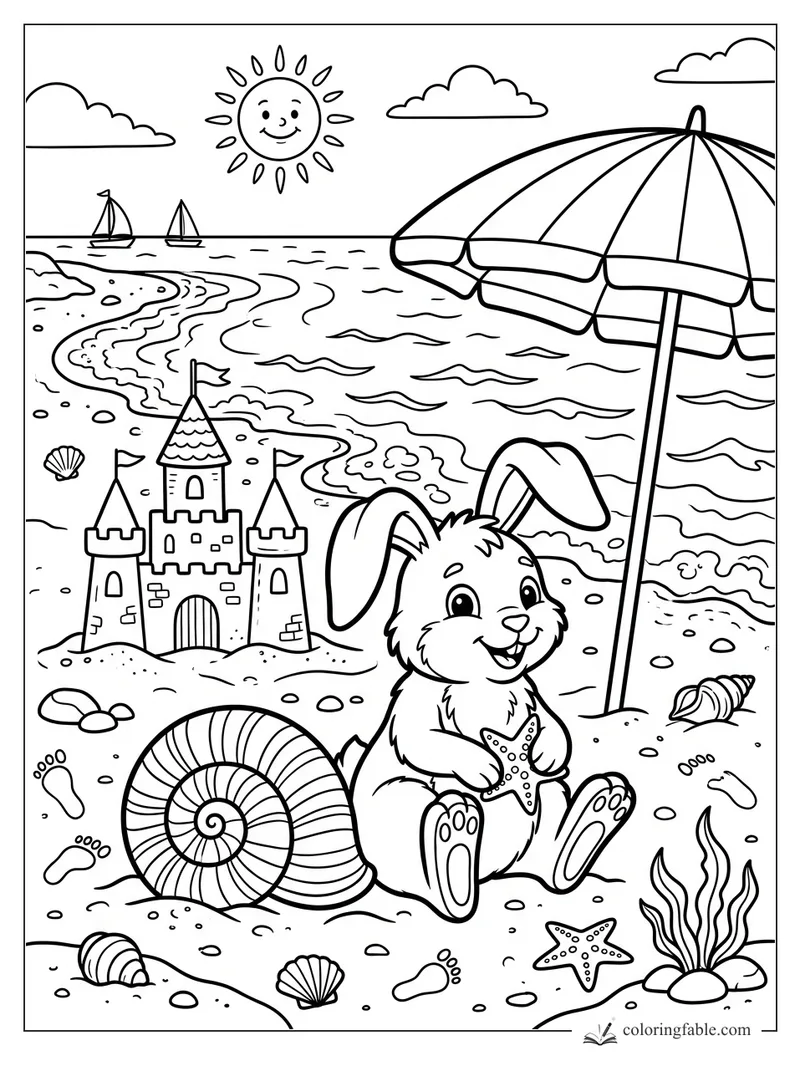 Smiling rabbit holding a starfish on a beach with sandcastle, umbrella, shells, waves, sailboats, and sun.