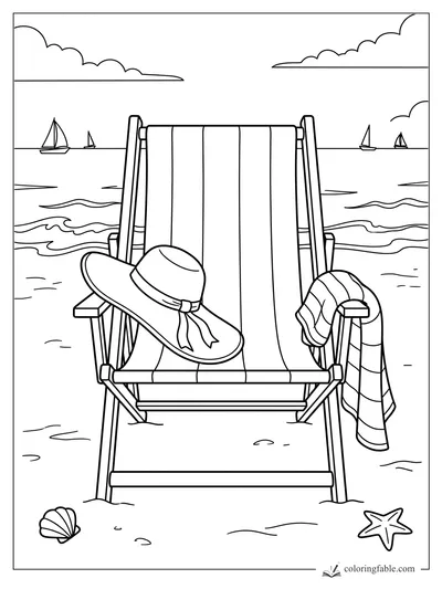 Beach chair with a wide sun hat, striped towel, seashell, starfish, waves, clouds, and sailboats