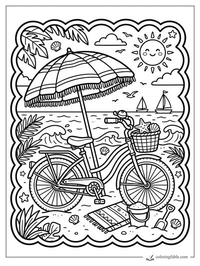 Beach cruiser bike with striped umbrella, shell basket, waves, sailboats, smiling sun, and sand toys.