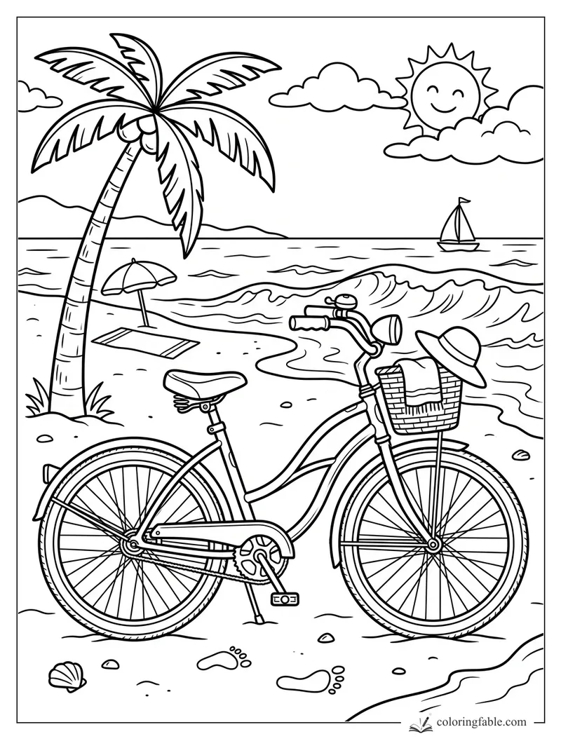 Beach cruiser bike on sand with basket, sunhat, palm tree, waves, sailboat, and smiling sun.