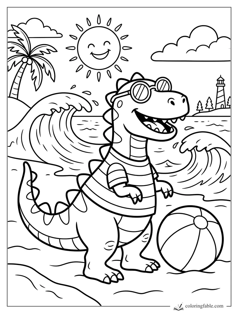 Smiling dinosaur wearing goggles at the beach with waves, palm tree, sun, lighthouse, and beach ball