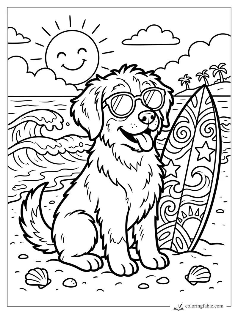 Happy shaggy dog in sunglasses beside a patterned surfboard on a sunny beach with waves and shells