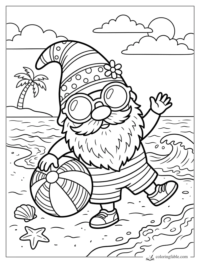Cartoon beach gnome with sunglasses, tall hat, beach ball, waves, shells, palm tree, and clouds