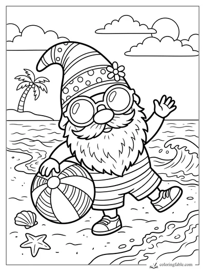 Cartoon beach gnome with sunglasses, tall hat, beach ball, waves, shells, palm tree, and clouds
