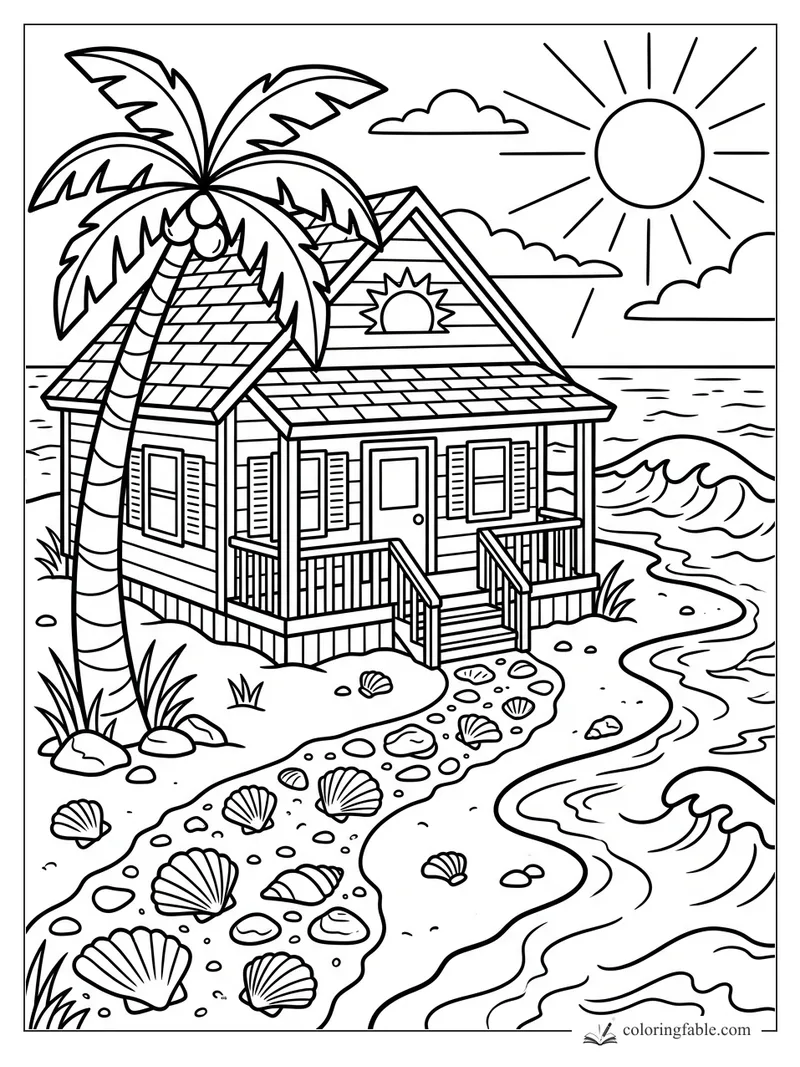 Cartoon beach house with palm tree, shell path, ocean waves, clouds, and bright sun coloring page