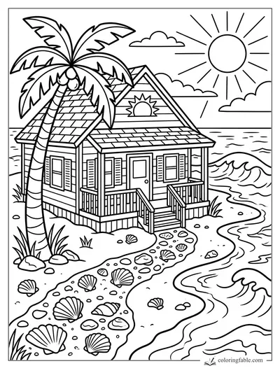 Cartoon beach house with palm tree, shell path, ocean waves, clouds, and bright sun coloring page