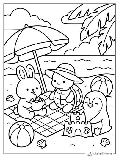 Bunny, turtle, and penguin at a beach picnic with umbrella, sandcastle, beach balls, shells, and waves