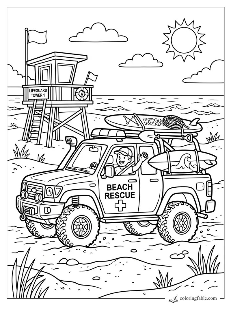 Cartoon beach rescue truck with surfboards, lifeguard tower, ocean waves, clouds, and bright sun.
