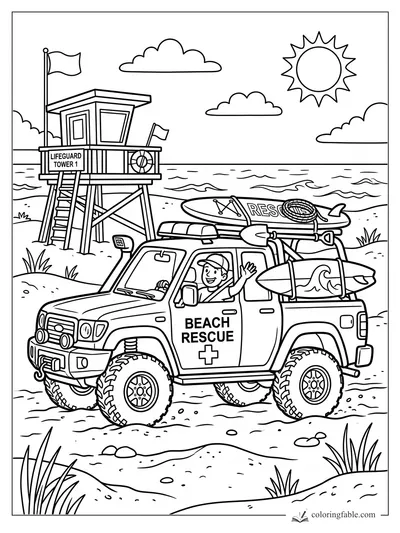 Cartoon beach rescue truck with surfboards, lifeguard tower, ocean waves, clouds, and bright sun.