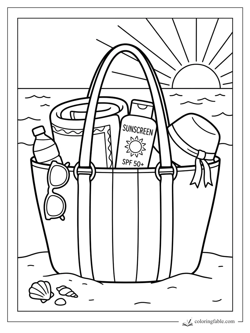 Easy summer coloring page of a beach tote with sunscreen, hat, sunglasses, shells, ocean, and setting sun.