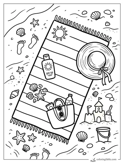 Easy beach coloring page with striped towel, sun hat, SPF 50 bottle, shells, footprints, and sandcastle.
