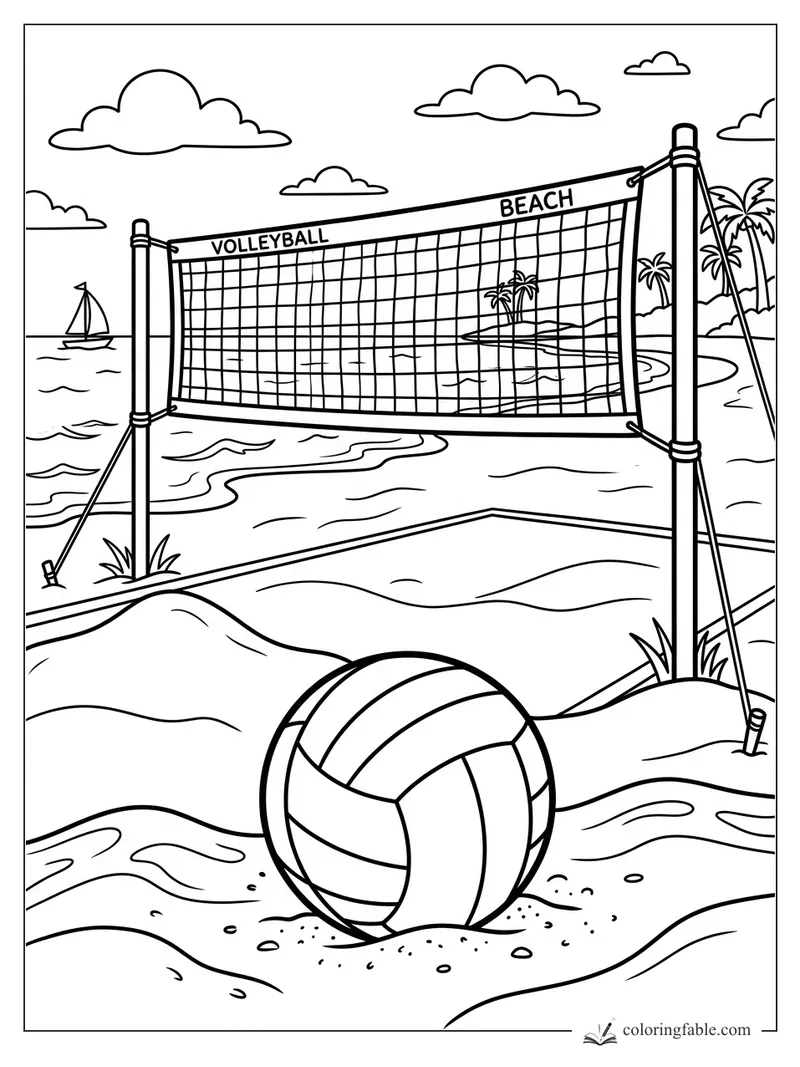 Beach volleyball coloring page with striped ball, net, ocean waves, sailboat, clouds, and palm trees.