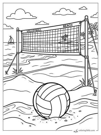 Beach volleyball coloring page with striped ball, net, ocean waves, sailboat, clouds, and palm trees.
