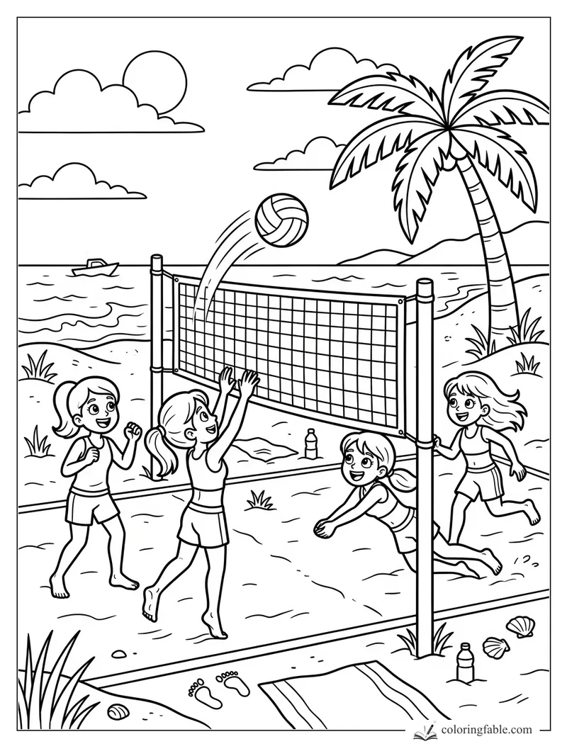 Kids play beach volleyball by a net, palm tree, shells, towel, boat, sun and clouds on a cartoon shore.