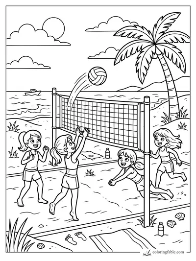 Kids play beach volleyball by a net, palm tree, shells, towel, boat, sun and clouds on a cartoon shore.