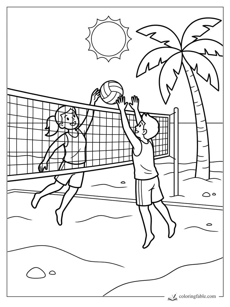 Cartoon beach volleyball game with two kids jumping at the net, palm tree, sun, and sand.
