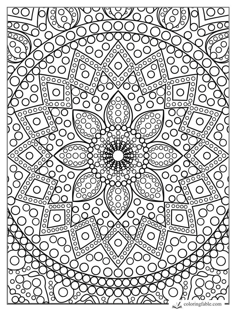 Intricate geometric mandala with beaded circles, petal shapes, diamonds, and paisley corners