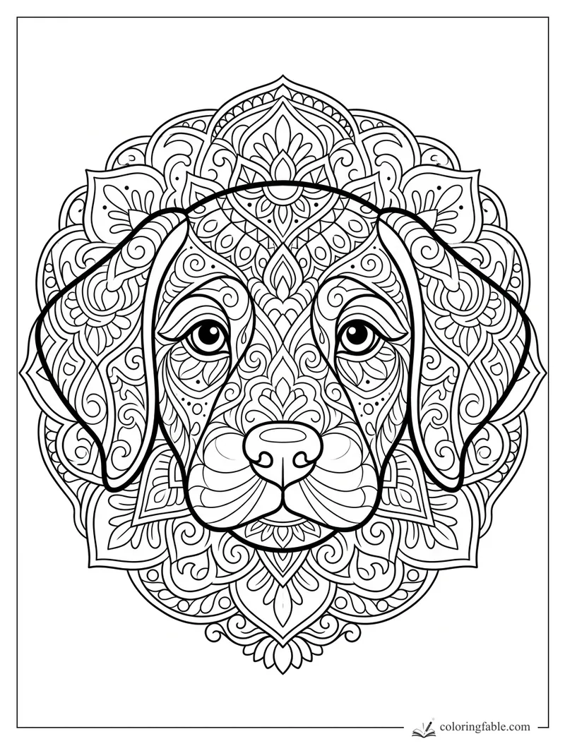 Intricate beagle puppy mandala with floppy ears, large eyes, paisley curls, petals, and teardrop patterns.