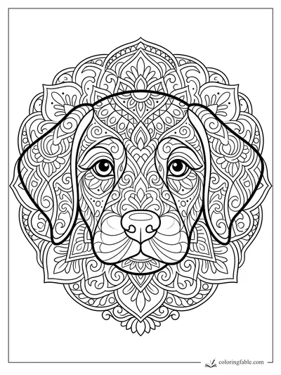 Intricate beagle puppy mandala with floppy ears, large eyes, paisley curls, petals, and teardrop patterns.