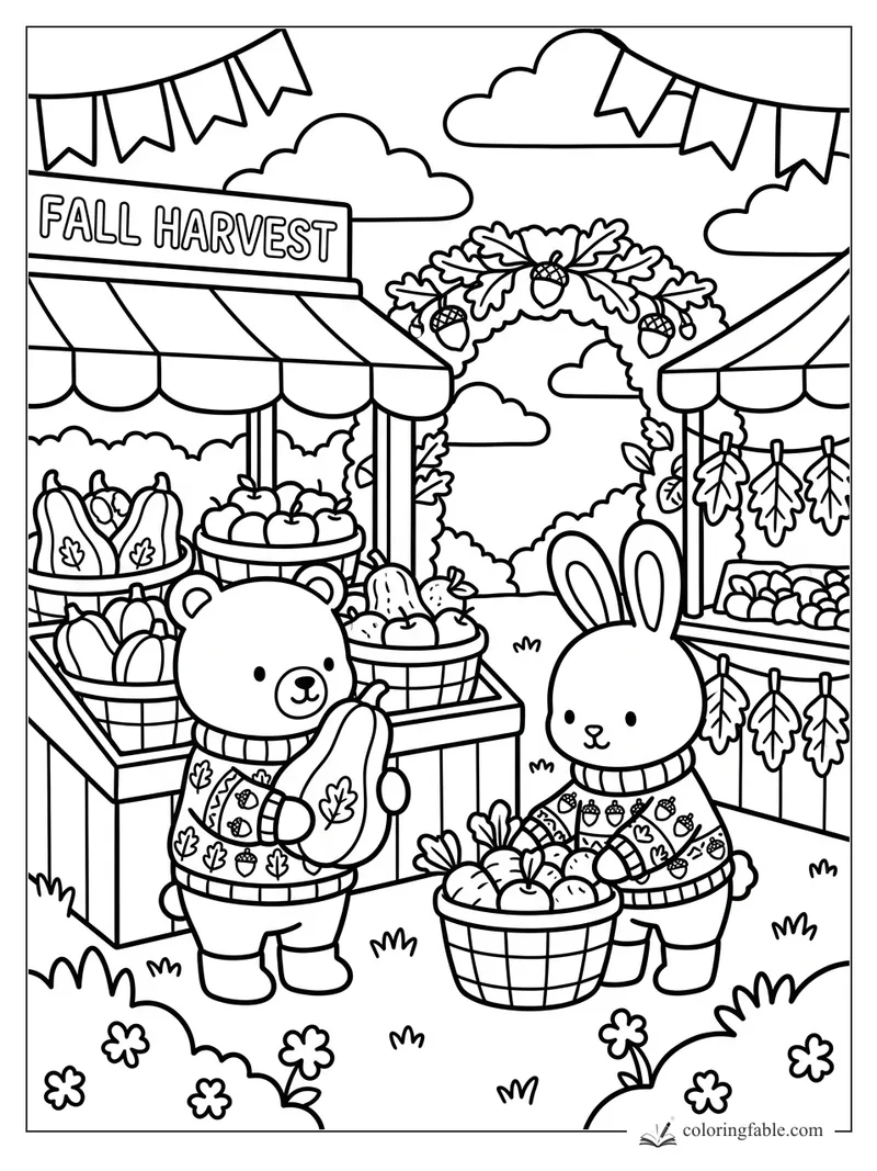 Bear and bunny in acorn sweaters shop for squash and carrots at a fall harvest market.