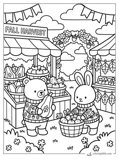 Bear and bunny in acorn sweaters shop for squash and carrots at a fall harvest market.