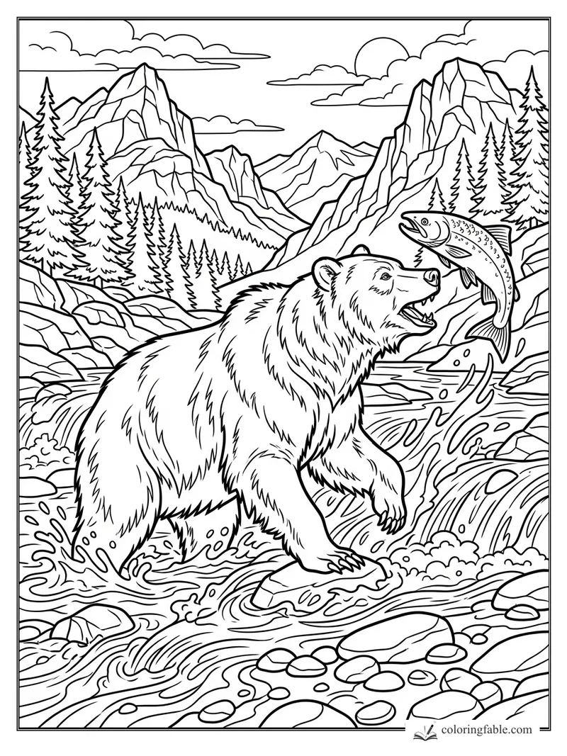 Realistic bear in a rushing mountain stream snapping at a leaping salmon amid pines and rocky peaks.