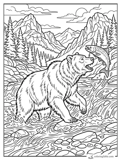 Realistic bear in a rushing mountain stream snapping at a leaping salmon amid pines and rocky peaks.