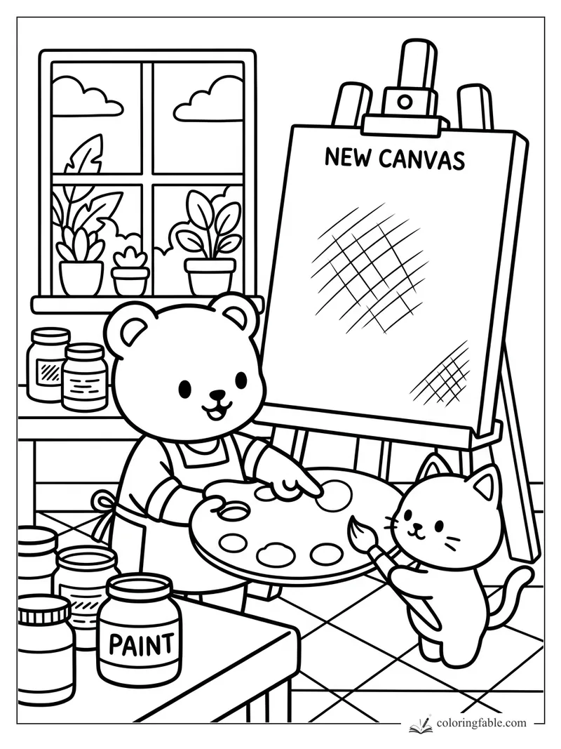 Bear artist with palette, kitten holding brush, paint jars, plants, and a new canvas on an easel.
