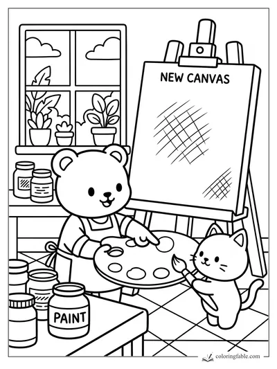 Bear artist with palette, kitten holding brush, paint jars, plants, and a new canvas on an easel.