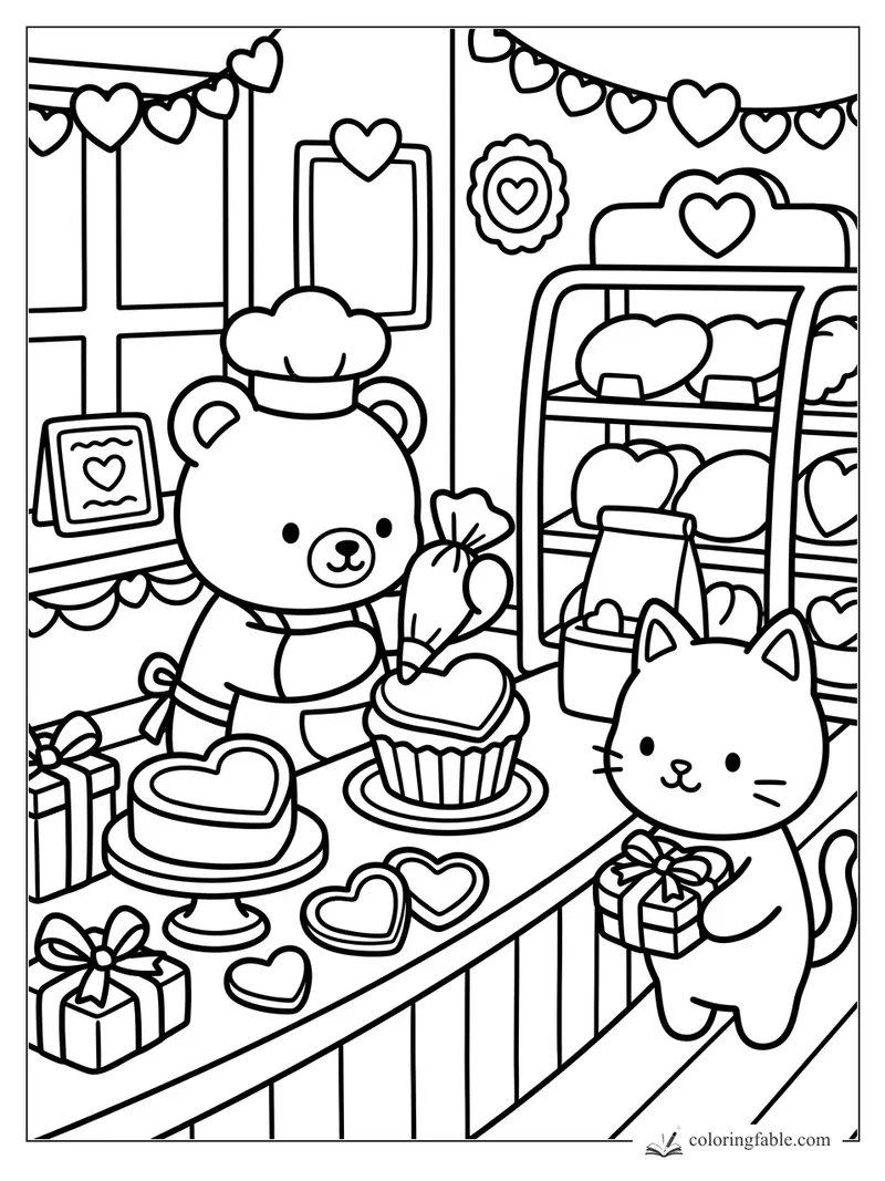 Bear baker pipes icing on a heart cupcake while a kitten holds a gift in a heart-decorated bakery.